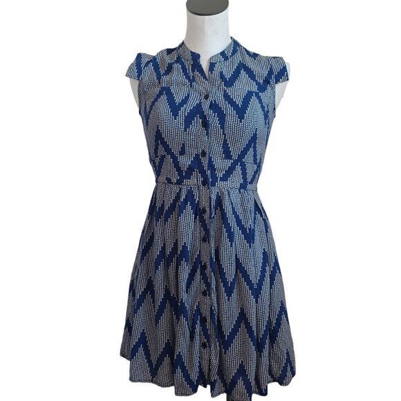 Anthropologie 11 1 TYLHO West Street Dress Blue Chevron Zig Zag Print Womens XS - Picture 1 of 15